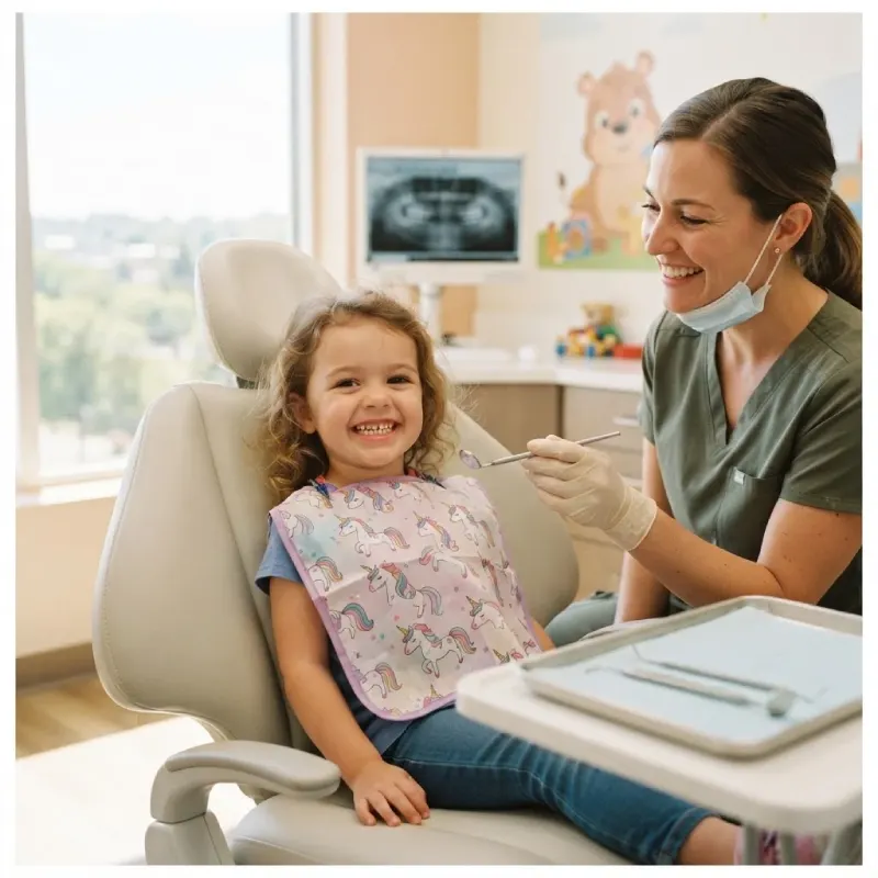 A happy young child smiling during a friendly dental checkup
