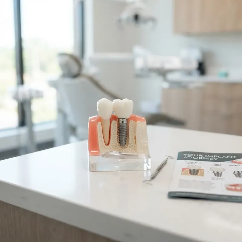 A dental implant model on a clean desk in a modern office