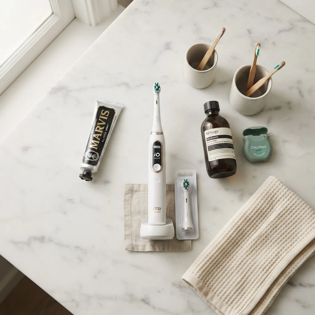Premium electric toothbrush and dental care products on a marble surface