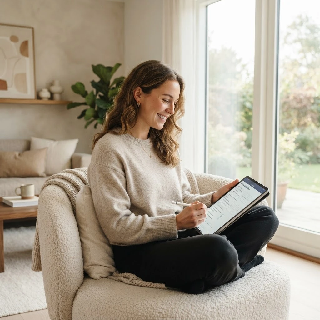 A patient comfortably completing digital new patient forms on a tablet