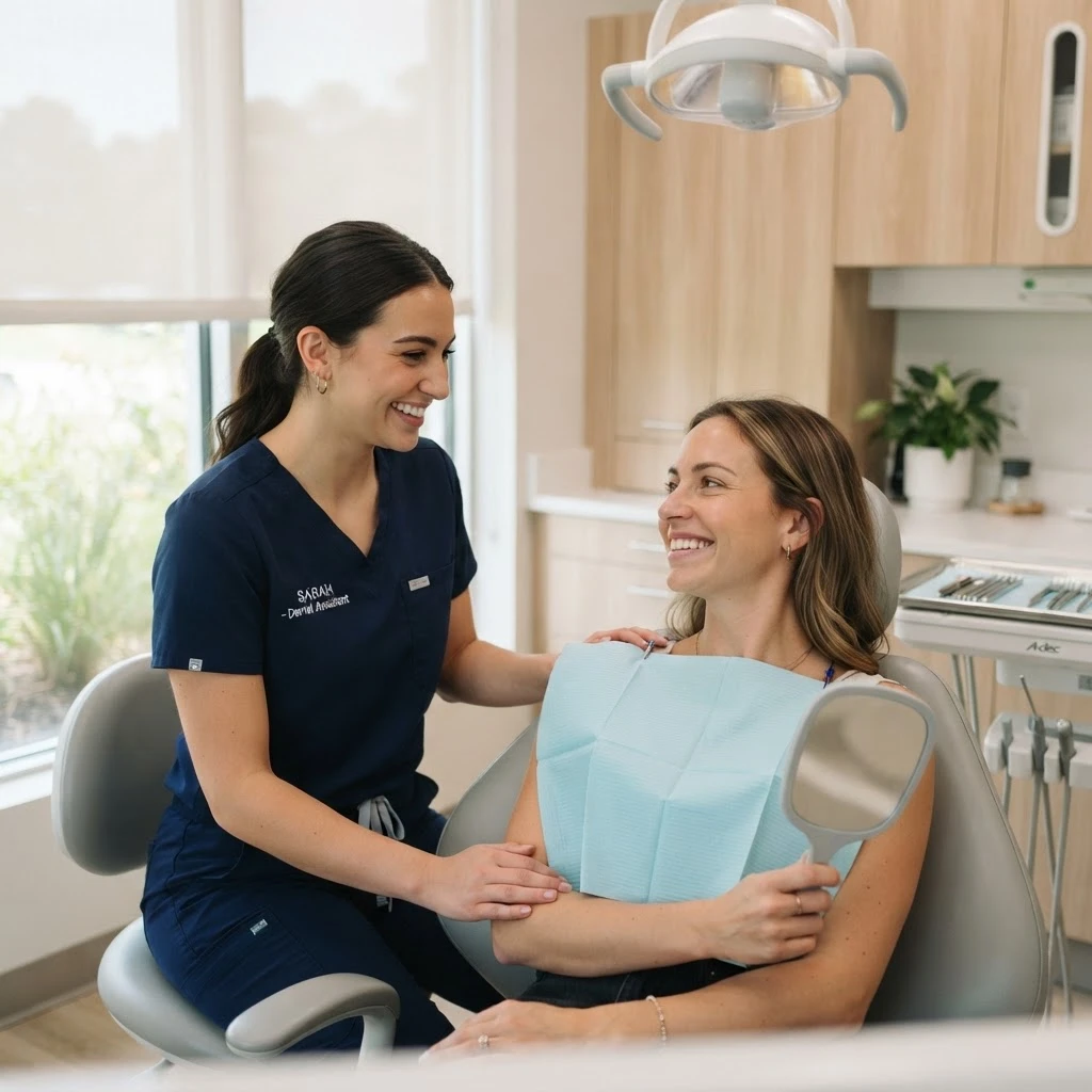 A caring Rick Jackomis DDS team member reassuring a comfortable, resting patient