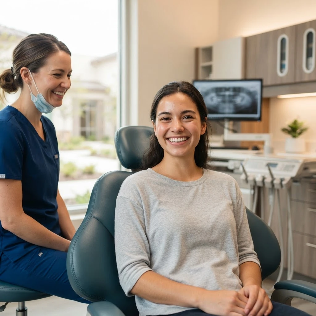 Relieved, comfortable patient smiling after treatment in a modern office
