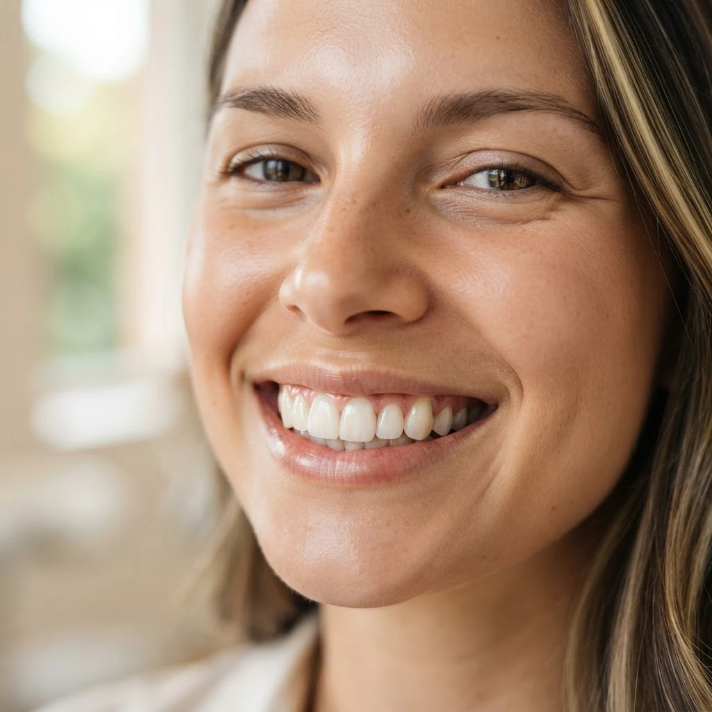 Close-up of a healthy restored tooth and a bright confident smile