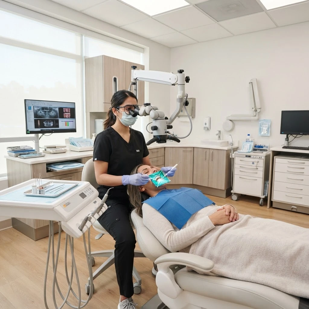Clean modern dental treatment room prepared for a gentle root canal