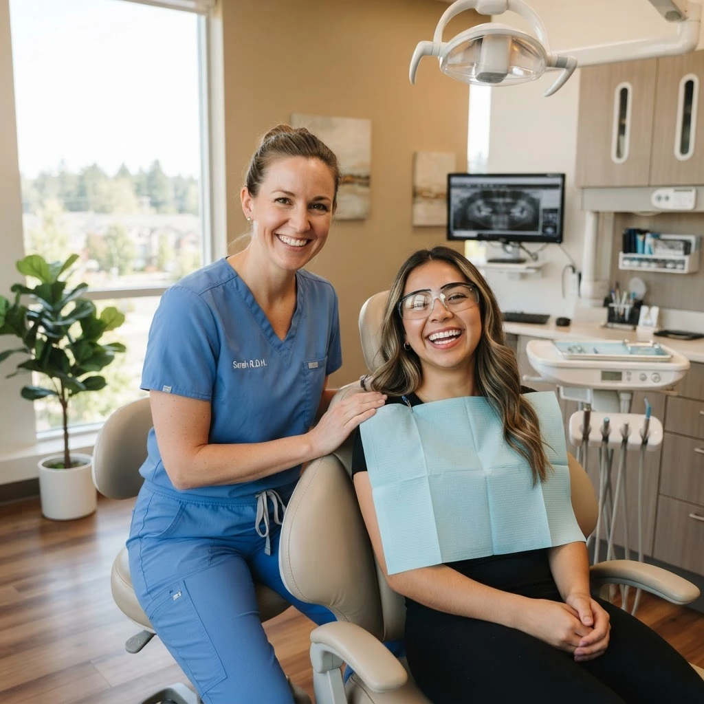 Friendly dental hygienist smiling with a happy patient
