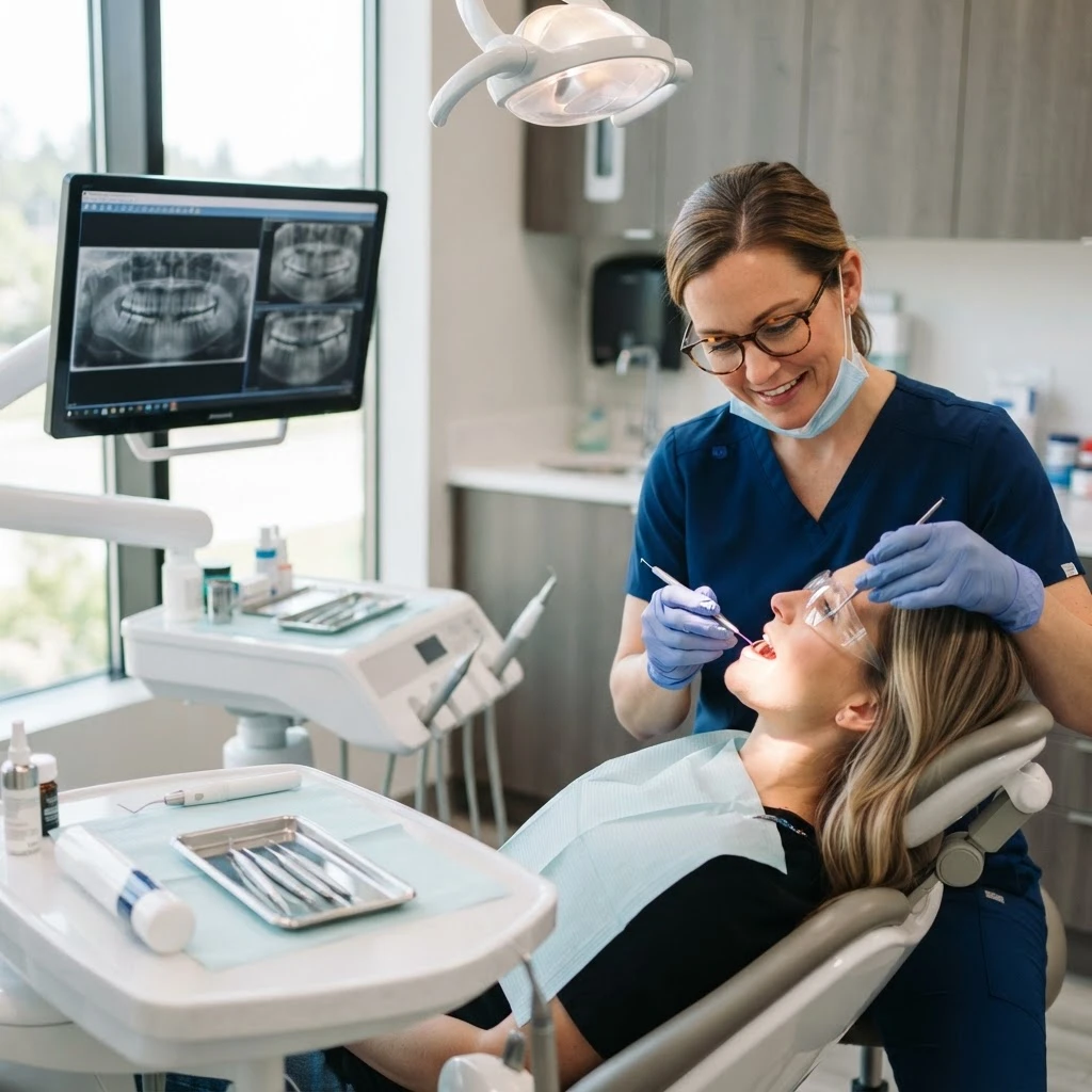 Dentist performing a careful exam with digital X-rays visible