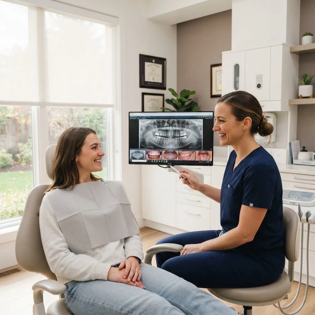 Dentist reviewing results with a patient on a private monitor