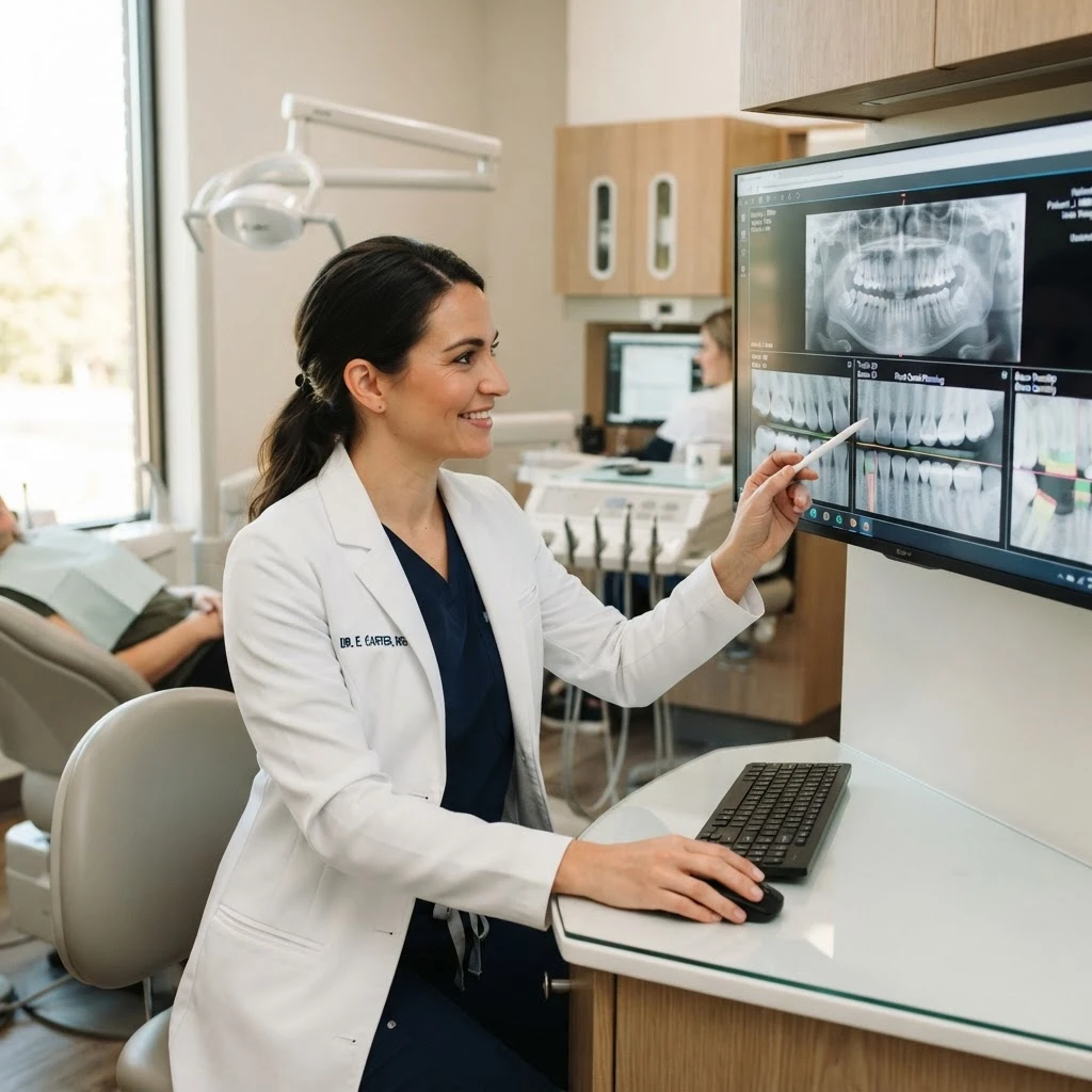 Dentist reviewing digital dental diagnostics on a monitor