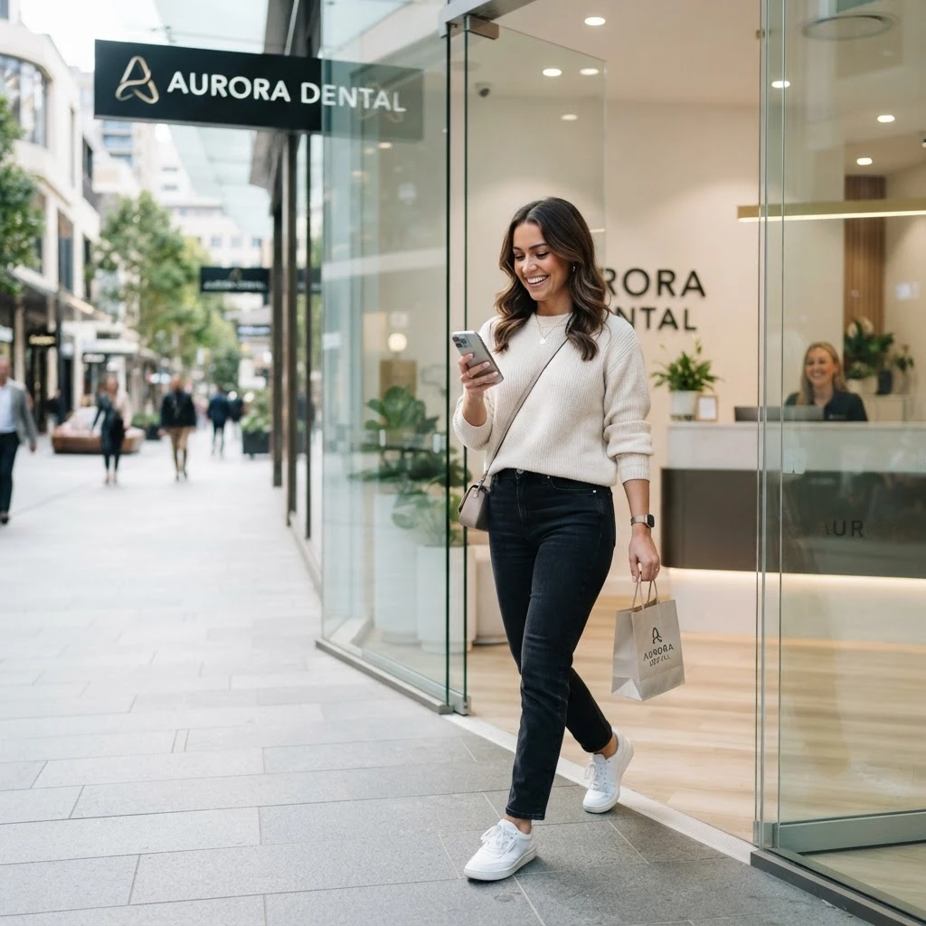 Happy patient leaving the dental office right after treatment