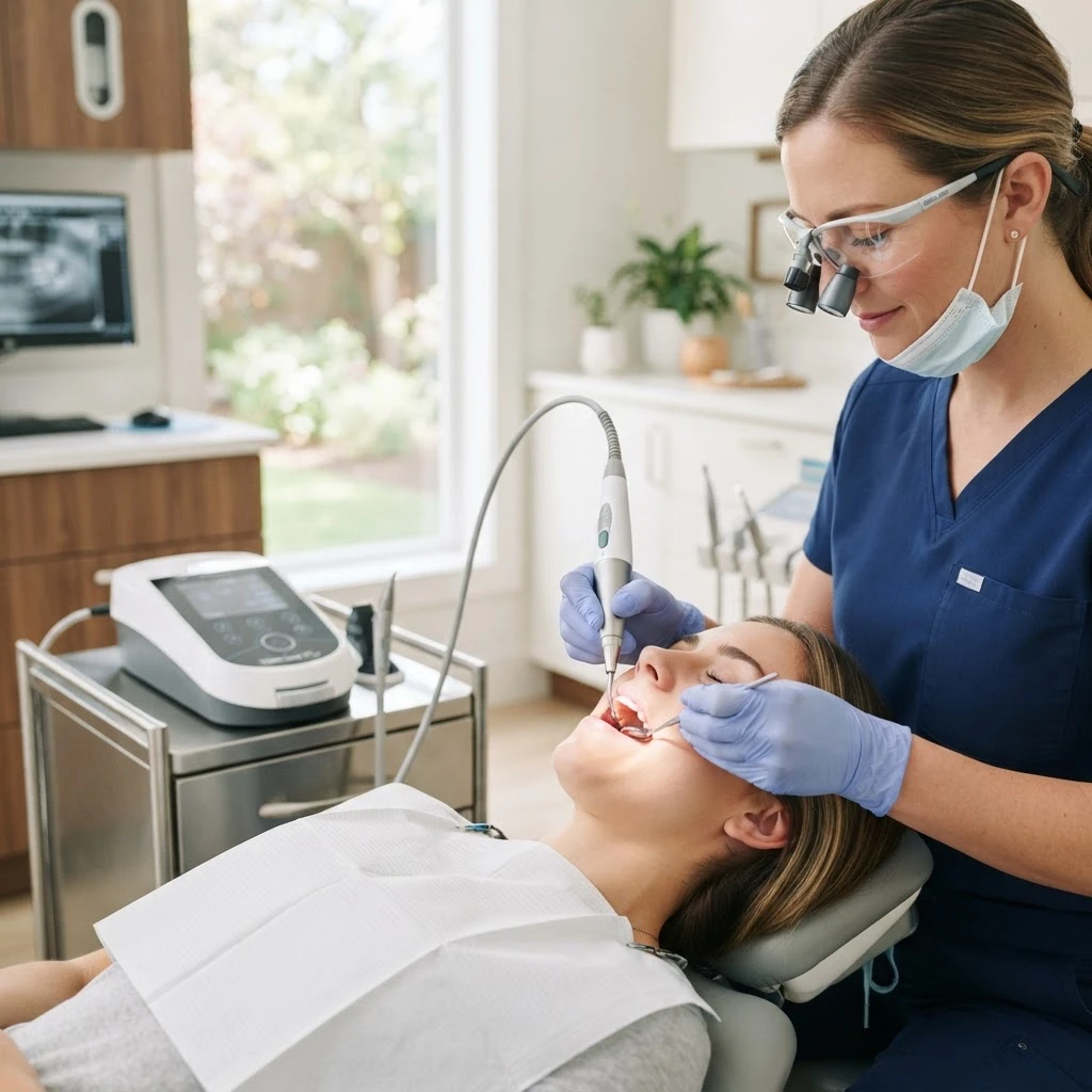 Modern dental laser handpiece used in a clean treatment room
