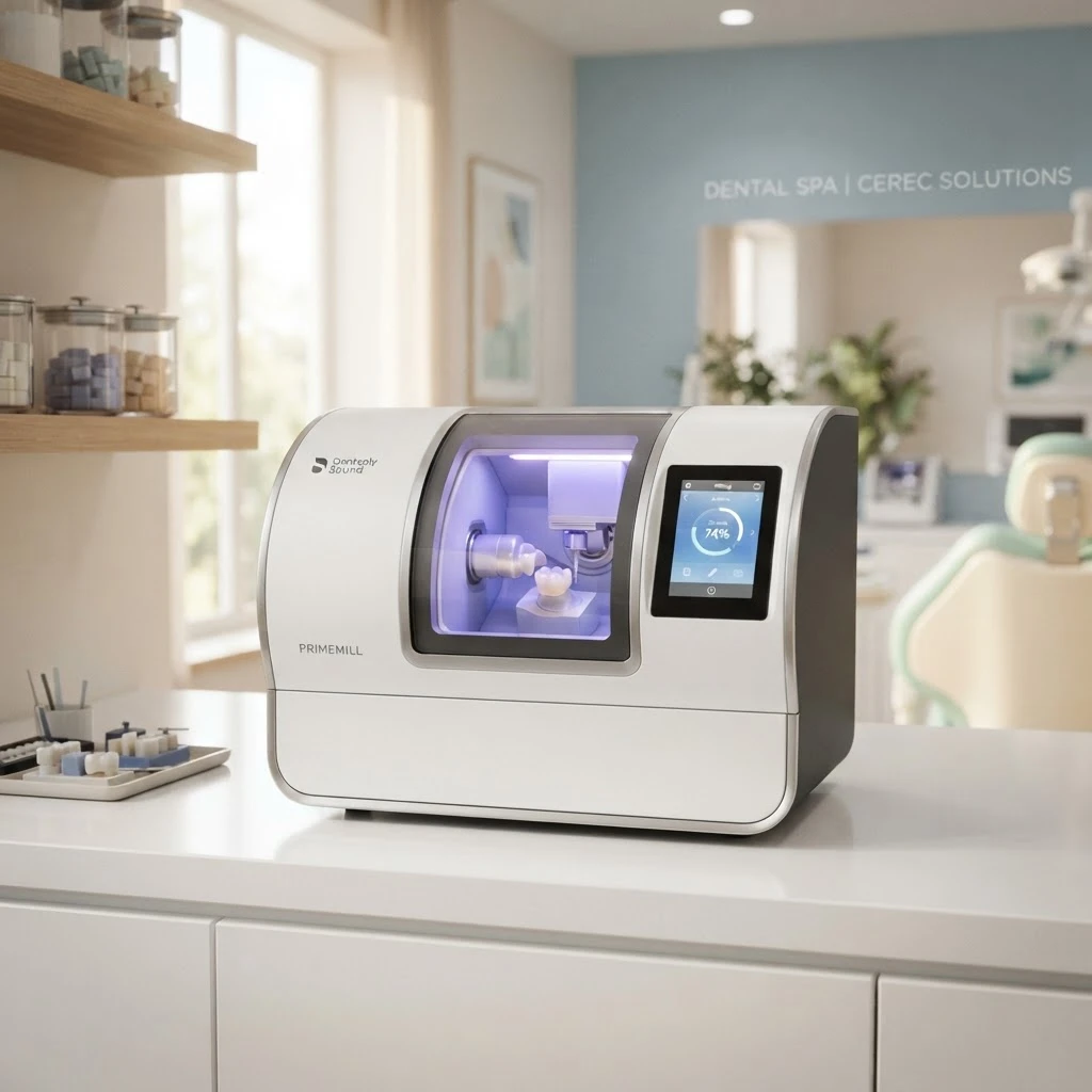 CEREC CAD/CAM machine milling a ceramic dental crown