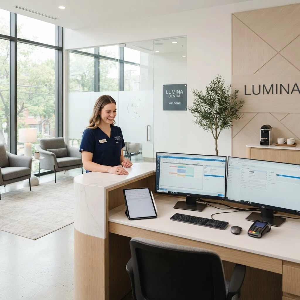 Sleek paperless dental office reception with a tablet and modern screens