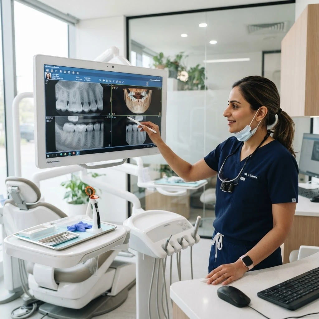 Dental professional reviewing digital x-ray images on a monitor