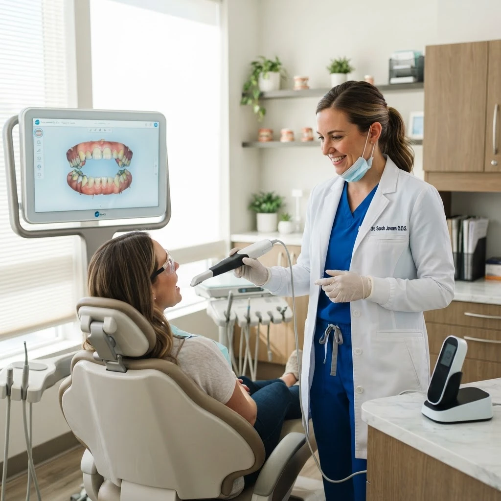Dentist using an iTero intraoral scanner with a 3D tooth model on screen